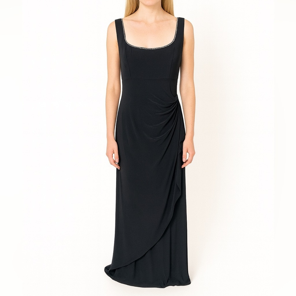 Alex Evenings Black Maxi Dress Rhinestone Neck Drape Side Slit Classic Size 16